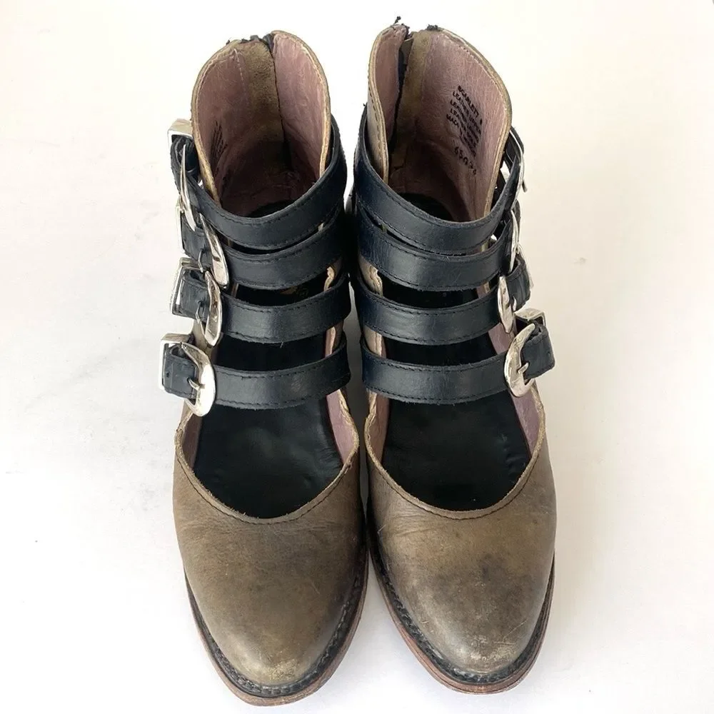 Freebird by Steven Scarlett Olive Brown Multi-Buckle Ankle Boots 8 Boho Western
